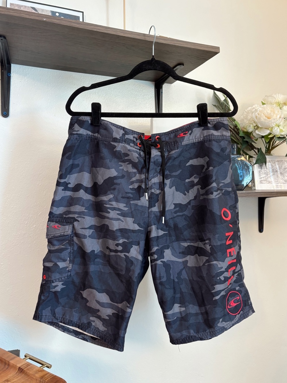 Not Available- O'Neill Black & Gray Camo Boardshorts with Red Logo